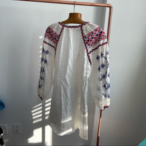 MARCH 11 Tunic Dress White Linen Embroidered Balloon Sleeve Peasant Button Front - Picture 4 of 11